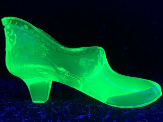 Green Vaseline Glass Floral Shoe / Slipper Boot Uranium Flowers High Heel Daisy