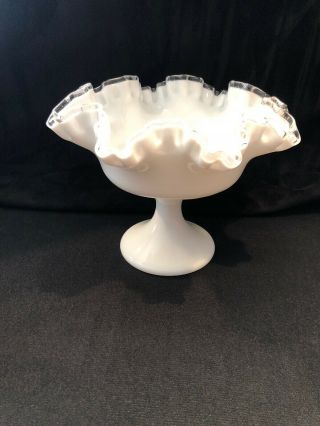 Vintage Milk Glass Ruffled Pedestal Candy Fruit Compote Nut Bowl Dish Heavy