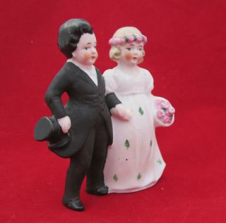 Rare Antique German Bisque 3 " Bride & Groom Wedding Cake Topper Figurine Hertwig