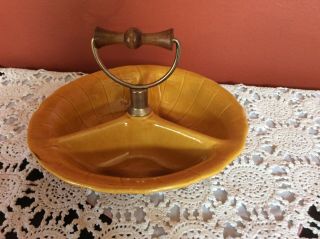 Vintage Mid Century Modern Nut/candy Dish.  Gold W/wooden Handle