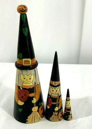 Halloween Witch Nesting Dolls 7 3/4 " Painted Wood Cone Shaped Stacking 3 Piece