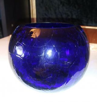 Vintage Blenko Crackle Art Glass Vase Cobalt Blue 3 "