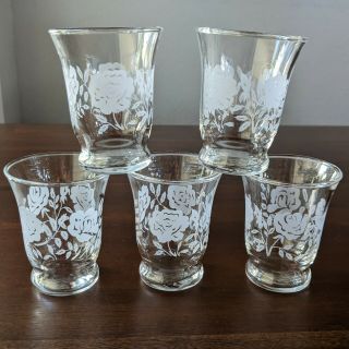 Set Of 5 Vintage 3 " Libby 6 Oz.  Footed Juice Glasses With White Frosted Roses