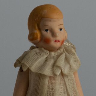 Antique Hertwig Miniature Bisque Girl Doll,  Hertwig of Germany,  1920s,  3.  25”tall 2