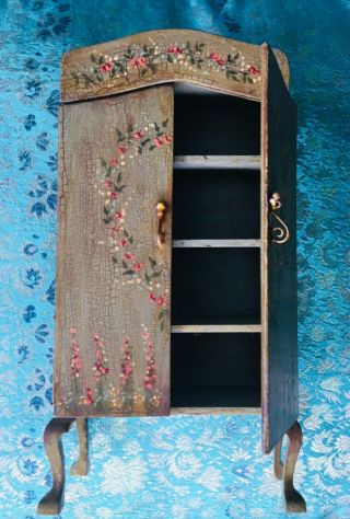 Antique Armoire Doll House Miniatures Cabinet Wood Painted Flowers Ooak Artist