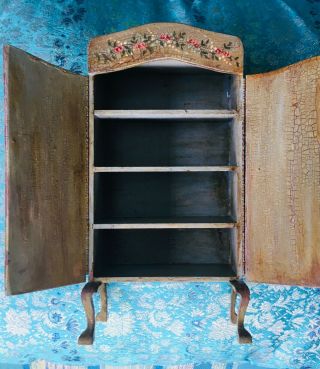 Antique Armoire DOLL HOUSE Miniatures cabinet wood painted flowers ooak artist 2