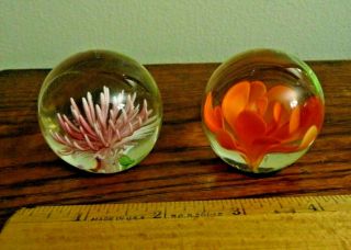 2 Small Miniature Glass Flower Paperweights: 1.  75 Inches High