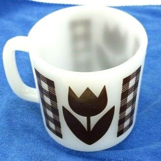 Vintage Retro Brown Gingham Plaid Tulip Coffee Cup Mug Glasbake Milk Glass