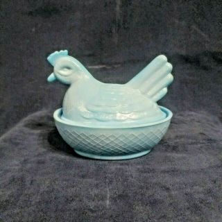 Miniature Turquoise Blue Opaque Milk Glass Hen On Nest Chicken In A Basket