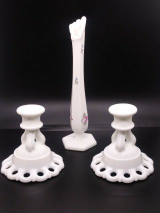 Set Of 3 Vintage Westmoreland Milk Glass Hand Painted Vase & Candlestick Holders