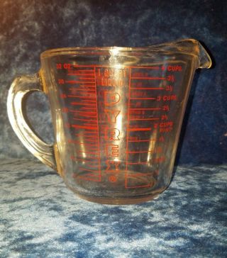 Vintage Pyrex 4 - Cup,  1 - Quart Liquid Red Lettering D Handle Glass Measuring Cup