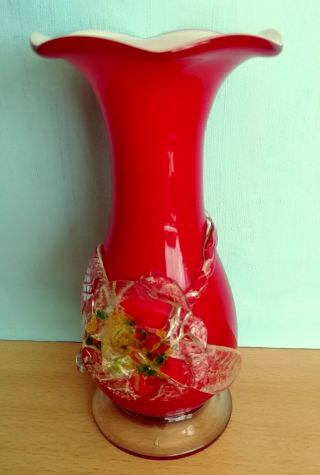 Murano Red & White Cased Glass Vase With Applied Floral Motif – 8” Tall