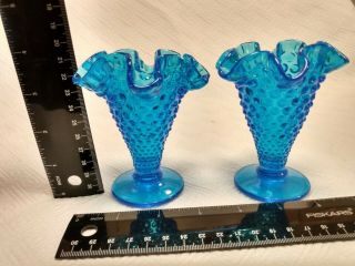 2 Vintage Fenton Colonial Blue Hobnail 3 3/4 " Trumpet Vase Vases Glass