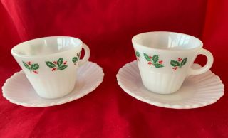 Set Of 2 Vintage Crisa Holly & Berry Milk Glass Coffee Tea Cup Saucer