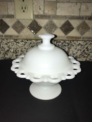 Vintage White Milk Glass Open Lace Pedestal Footed Candy Dish W/ Lid