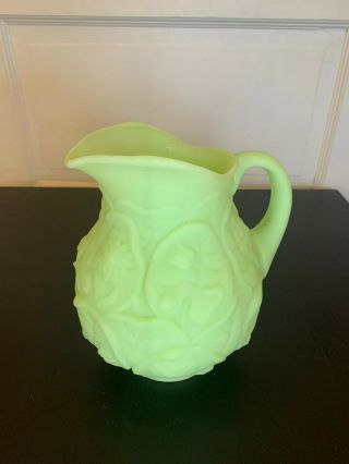 Vintage Fenton Glass Satin Lime Green Water Lily Pitcher 7 1/2 "