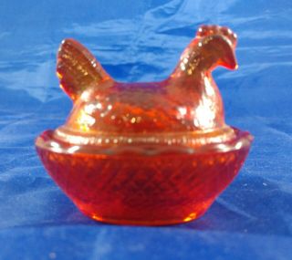 Vintage Red With Yellow/orange Glass Hen On A Nest 2 1/2 X 2 1/4 X 2 ",  Amberina