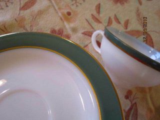 Vintage Pyrex Teal,  Kale Green W/gold Bands Cup/saucer Light Use Holiday Treat