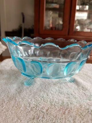 Light Blue Reverse Thumbprint Footed Bowl With Scalloped Rim