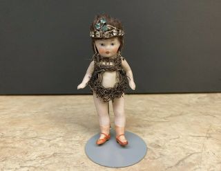 Antique Vintage All - Bisque Miniature 3.  5 " Dollhouse Doll Flapper Girl Wire Joint