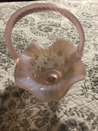 Fenton Ribbed Pink Opalescent Basket With Handle