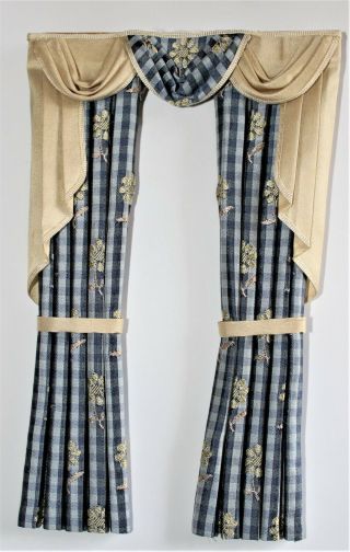 Cream And Blue Check Curtains With Tie Backs 1:12