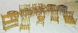 Vintage Gold Metal Wire Wicker Miniature Doll House Furniture Chairs Shelves 21 2