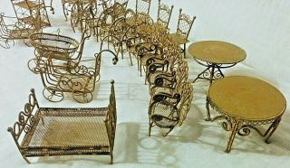 Vintage Gold Metal Wire Wicker Miniature Doll House Furniture Chairs Shelves 21 3