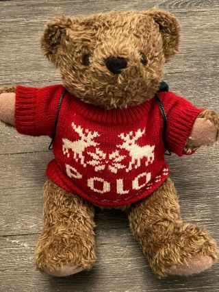 Vintage 1998 Ralph Lauren Stuffed Teddy Bear Reindeer Polo Sweater & Backpack