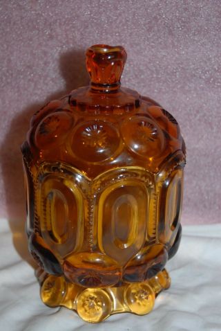 Vtg L E Smith Amber Glass Moon & Star Low Footed Compote Candy Dish With Lid 8 "