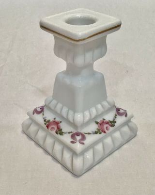 Westmoreland 1975 Vintage Milk Glass Hand - Painted Roses/bows Candlestick Signed