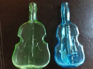Vintage Depression Era Glass Violin Bottles Set Of 2 Green And Blue