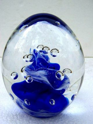 Vintage Art Glass Paperweight Cobalt Blue White Arctic Ice Swirl Bubbles 3 3/4 "