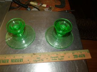 Vintage Green Glass Taper Candle Stick Holders Set Of 2