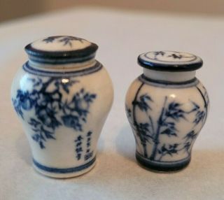 2 Vintage Dollhouse Miniature Blue & White Ceramic Asian Style Lidded Jars