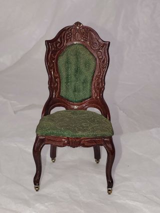 Vintage Tufted Upholstered Green Carved Chair W Casters Dollhouse Miniature 1:12