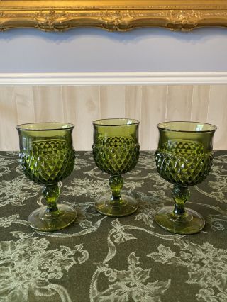 Vintage Indiana Glass Green Diamond Point Goblets 6.  5 " H (set Of 3)