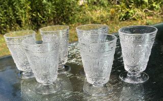 6 Vintage Duncan Miller Sandwich Clear Glass 4 Oz Footed Tumblers 4.  75” H