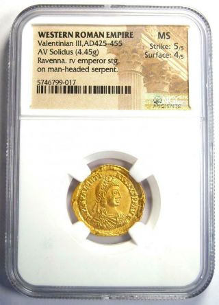 Western Roman Valentinian III AV Solidus Gold Coin 425 - 455 AD - NGC MS (UNC) 2
