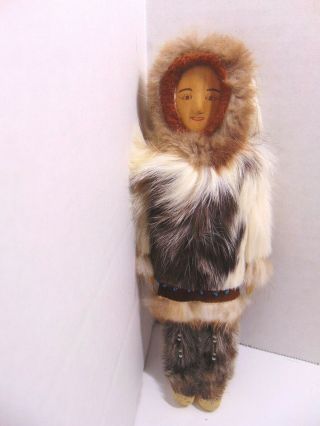 Vintage Handmade Alaskan Inuit Beaded Eskimo Doll Wood Face