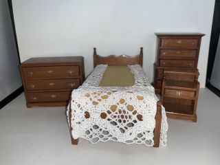 Dollhouse Miniature 4 Pc Bedroom Set,  Dresser,  Bed,  Nightstand,  Chest Of Drawers