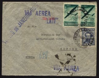 Argentina 1941 Censored Via Lati Airmail Cover To Sweden,  Bofors