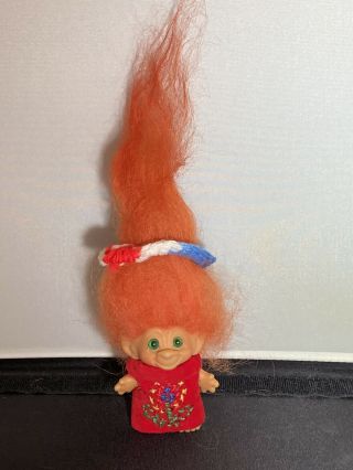 Vintage 1960s Scandia Troll Doll Green Spiral Eyes Orange Hair