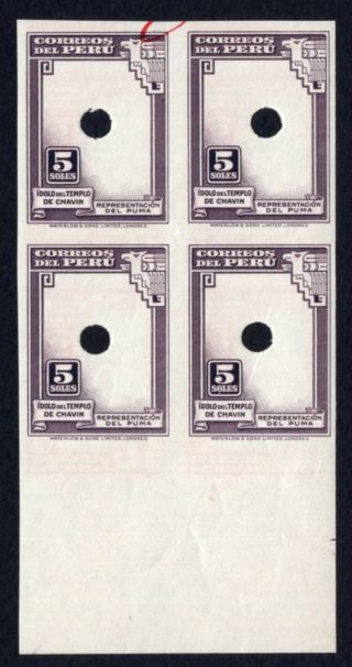 Peru 1938 Definitive Stamps Block Value 5 Soles Imperforate Mnh Proof Rare R R