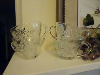 Set Of 4 Anchor Hocking Vintage Clear Glass Punch Cups W Grape & Leaf Design