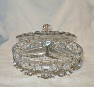 Vintage Crystal Clear Glass Candy Dish Bowl With Lid 3 Compartments