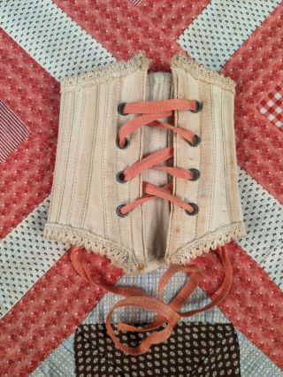 Antique Victorian 19th C Doll Corset With Lace Trim
