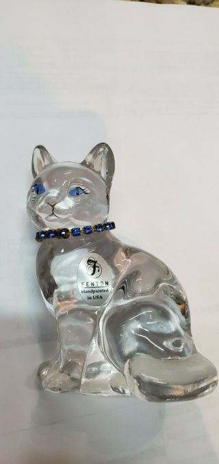 Vtg Fenton Glass Clear Cat Hand Painted Artist Signed Blue Rhinestone Necklace