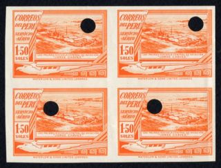 Peru 1937 Block Of 4 Commemorative Stamps Imperforate Mnh Proof Rare R R R