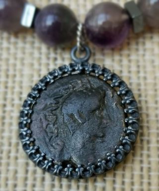First Roman Emperor Augustus Authentic Roman Coin Pendant Amethyst Necklace